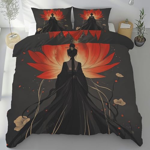 Bettwäsche 220x240 Lotusblume Bettwäsche Set Weich Microfaser Kuschelige Bettwäsche, Orientalisches Mädchen Wendebettwäsche Animiertes Lotusblatt Bettbezug und Kissenbezug 80x80cm mit Reißverschluss