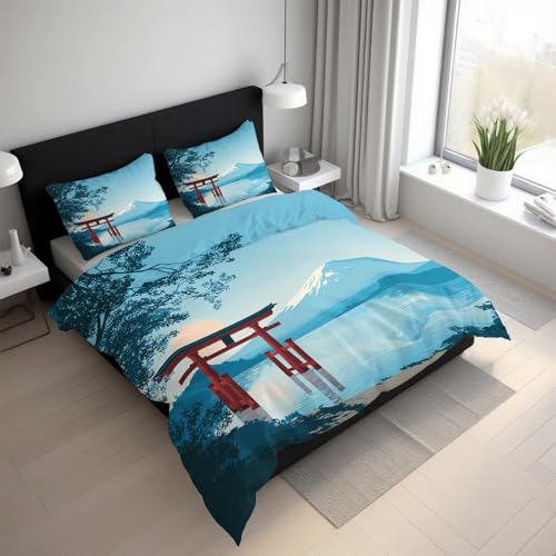 Generisch Japanisches Torii Bettwäsche 135x200 2teilig, Baum Berg Meer Orientalisch Bettwäsche-Sets mit Reißverschluss, Microfaser Weiche Bettbezug mit Kissenbezüge 80×80