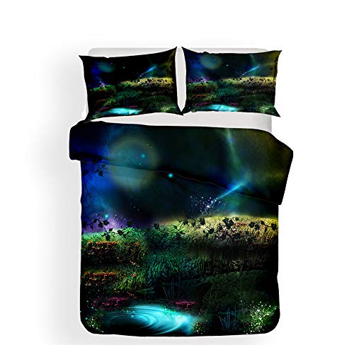 Stillshine Bettwäsche Set Bettbezug 135x200 und Kopfkissenbezug 50X75 Einzelbett Magie Wald Wasserfall Neblig Mondschein Galaxy Wiese Grün 3D Pflanze Fluoreszenz Blume Gras Pilz