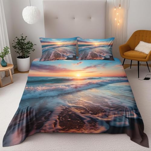Meer Bettwäsche 180x200 Sonnenuntergangslandschaf t Bettwäsche Set, 3D Bettbezug Set Weich Microfaser Bettbezüge 3 Teilig Landschaft Wendebettwäsche für Doppelbett, mit 2 Kissenbezüge k1576