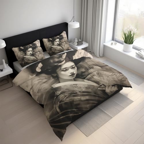 Generisch Bettwäsche Japanische Geisha 180x200, Microfaser Bügelfreie Asien Orientalischer Stil Bettbezug und 2 Kissenbezüge 80 x 80, Bettwäsche-Sets 3teilig mit Reißverschluss