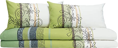 Erwin Müller Bettwäsche, Bettgarnitur Fein-Biber Blumen 4-TLG Sparpaket Pistazie Größe 40x80 cm / 135x200 cm - hautsymphatisch, bügelleicht, mit Marken-Reißverschluss