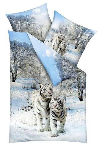 JACK by Kaeppel Mako Satin Digitaldruck Bettwäsche 2 TLG. Schnee Tiger Raubkatze Winter Schnee Wald Hellblau Weiß, Größe:135x200cm Bettwäsche