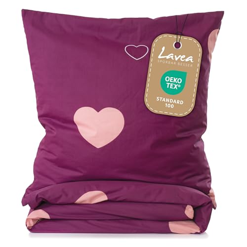 Lavea Bettwäsche Set – Milena 135 x 200 cm + 80 x 80 cm – Herzmotiv Bordeaux-Rosa – Bio Bettwäsche Mädchen – 100% Baumwolle – GOTS Zertifiziert – mit Reißverschluss