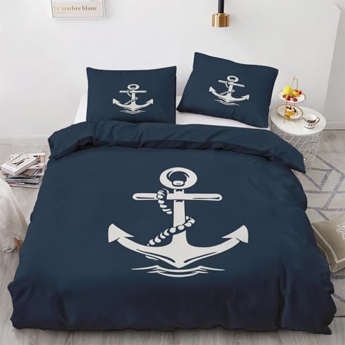 Marineblau Weiß Anker Bettwäsche 155x220 4teilig, Nautische Themen Bettwäsche-Set 155x200 cm, Mikrofaser 2 Wende Bettbezüge 155x200 mit 2 Kissenbezug 80x80cm und Reißverschluss, Weich & Bügelfrei