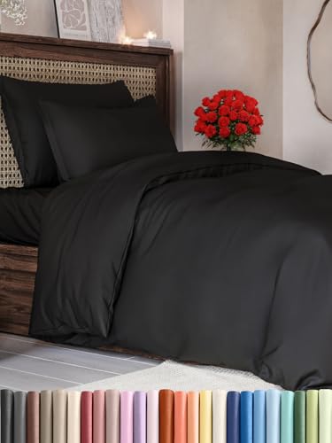 3-teiliges Bettwäsche-Set 135x200 cm mit Bettbezug und 2 Kissenbezügen 80x80 cm – Weiche, atmungsaktive und pflegeleichte Mikrofaser – Mit Reißverschluss und Eckbändern – Oeko-TEX – 3PC - Schwarz