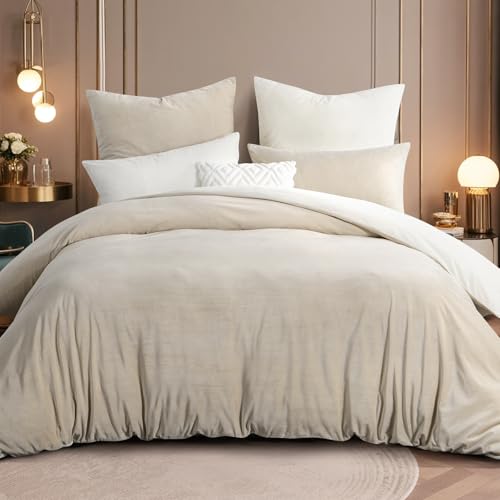 RUIKASI Flanell Bettwäsche 200x200 3teilig Beige - Weiß Warm Winter Bettwäsche Kuschel Plüsch Fleece Bettbezug Sets mit 2 Kissenbezüge 80x80cm Wendebettwäsche Bedding