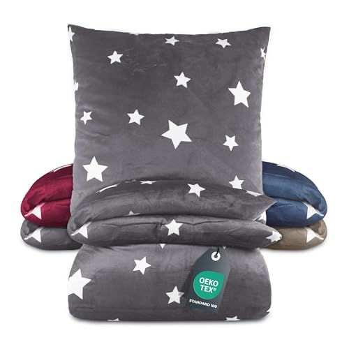 BaSaTex Winter Plüsch Bettwäsche Set Sterne Nicky-Teddy Cashmere-Touch | 135x200 155x220 + 80x80 Kissenbezug | Größe: 135x200 | Farbe: Anthrazit Grau