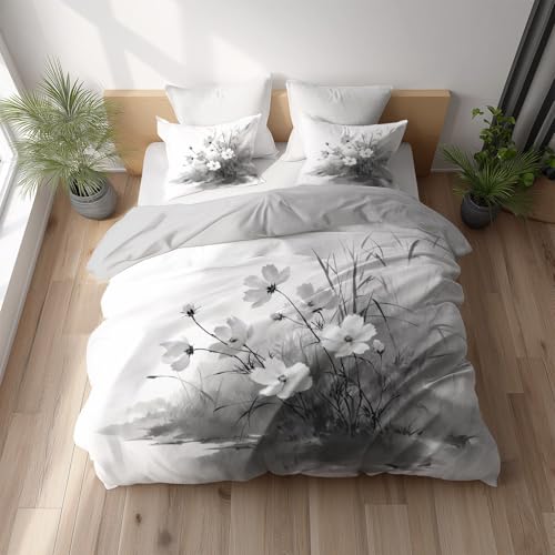 Grau Weiß Flauschige Zweiseitig Bettwäsche Set - Orientalisch Tuschemalerei Blumen - Bettwäsche Kuschlig Weich Bügelfrei Microfaser Schrumpf Bettbezug 200 x 200 mit Reißverschluss