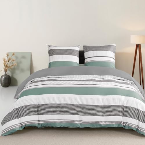 Nesture Bettwäsche 135x200 Salbeigrün, Bettwäsche-Sets mit Gestreift Muster Microfaser Bettbezug 135 x 200 2 Teilig bügelfrei & weich - 1 Wendebettwäsche und 1 Kissenbezug 80x80 mit Reißverschluss