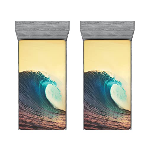 ABAKUHAUS Ozean 2er-Satz Spannbetttuch, Sonnenuntergang in den warmen Farben, Soft Dekorativer Stoff Bettwäsche Rund-um Elastischer Gummizug, 90 cm x 200 cm, Türkis Gelb Braun