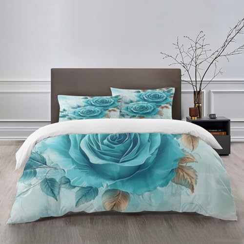 TlevadArt Bettwäsche 3teilig, 1 Bettbezug + 2 Kissenbezüge, Atmungsaktiver Stoff Mit Reißverschluss, Türkis Blumenmsuter, Schaffen Sie Eine Romantische Und Elegante Atmosphäre