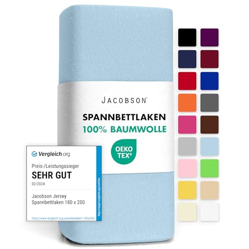 Jacobson Jersey Spannbettlaken Spannbetttuch Baumwolle Bettlaken (140x200-160x200 cm, Hellblau)