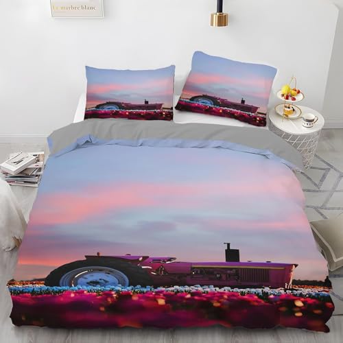 Traktor Auf Einem Blumenfeld Bettwäsche 220x240 Romantik Auf Dem Land 3D Bettbezug Weich Mikrofaser Bettwäsche-Sets 3 Teilig mit 2 Kissenbezüge 80x80 für Teenager Erwachsene Doppelbett z.3119