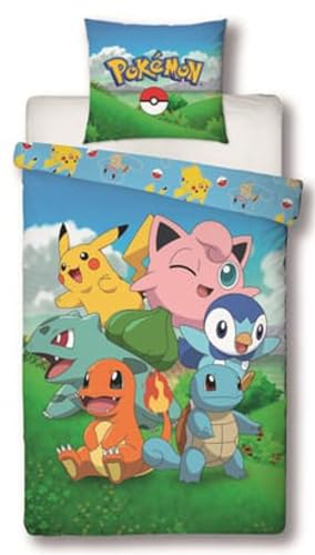 Bettwäsche für Kinder, Pokémon, Einzelbett, bedruckt, wendbar, mit Pikachu, Glumanda und Schigi