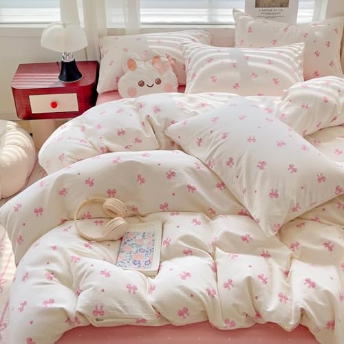 Nayoroom Bettwäsche 135x200 Weiß mit Rosa Schleife Herzen Bettbezug 2er Set Mädchen Pink Weiss Herz Aesthetic Cute Mikrofaser Herzmotiv Pinterest Deckenbezug mit Reißverschluss und 1 Kissenbezug 40x80