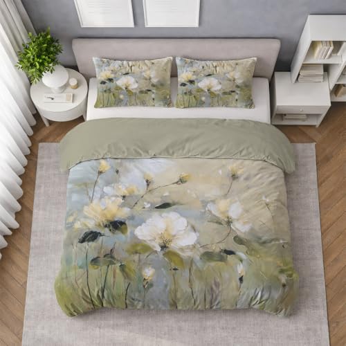 Generisch Bettwäsche 180 x 200 cm Cremegelb Superweiche Mikrofaser Bügelfrei Wende Bettbezüge mit Reißverschluss Blumen Design Atmungsaktiv & kuschelig Bettwäsche-Set Ölmalerei Blüten Elegant