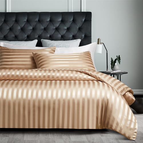 YASMENG Bettbezug, Satin, 140 x 200 cm, Beige / Gold, gestreift, glänzend, Deluxe, Bettwäsche, weich, seidig, für Einzelbett, Erwachsene, mit Reißverschluss, mit Kissenbezug, 65 x 65 cm YASMENG Bettbezug, Satin, 140 x 200 cm, Beige / Gold, gestreift, glänzend, Deluxe, Bettwäsche, weich, seidig, für Einzelbett, Erwachsene, mit Reißverschluss, mit Kissenbezug, 65 x 65 cm