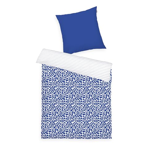 TOM TAILOR Renforcé-Bettwäsche, 70x90 + 140x200 cm, 100% Baumwolle/Renforcé, mit Wendemotiv und farbigem Reißverschluss, ORGANIC LEAVES Blau, Weiß (Cobalt)