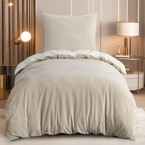 RUIKASI Flanell Bettwäsche 155x220 2teilig Beige - Weiß Warm Winter Bettwäsche Kuschel Plüsch Fleece Bettbezug Sets mit 1 Kissenbezüge 80x80cm Wendebettwäsche Bedding