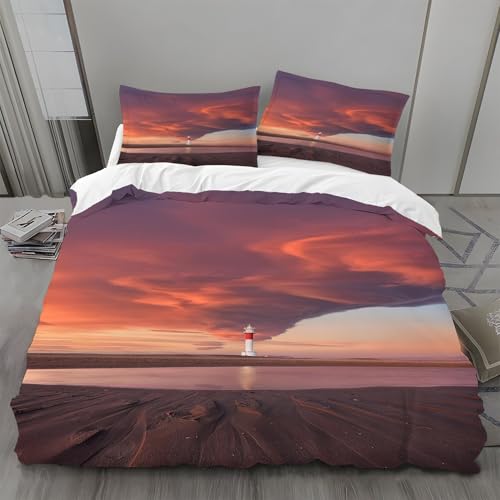 Bettwäsche 220x200 Sonnenuntergang Bettwäsche-Sets Leuchtturm Bettbezug Weiche Atmungsaktiv Mikrofaser mit Reißverschluss und 2 Kissenbezüge 80x80 für Erwachsene Geeignet