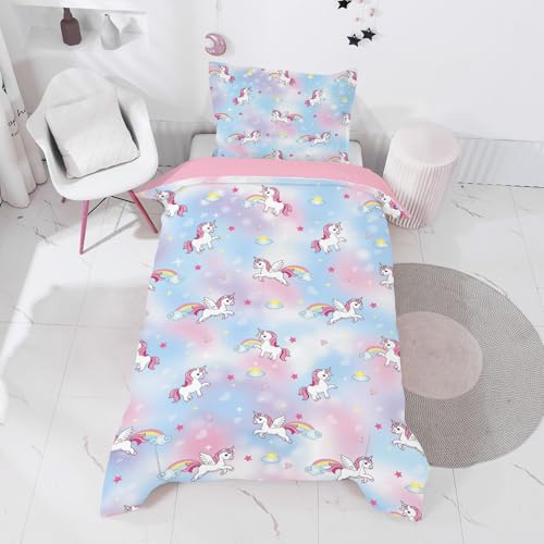 INTOMENG Einhorn Bettwäsche 135x200cm für Kinder Teenager Mädchen Lila Blau Rosa Bringen Sie 1 Kissenbezug 80X80 3D Regenbogen Einhorn Bunt Mikrofaser Herbst und Winter Bettwäsche mit Reißverschluss