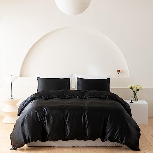 Wotcsil Satin Bettwäsche 220x240 Schwarz Damast Seidenbettwäsche Bettwäsche 220x240 Satin Seiden Bettbezug Set Seidige Uni Einfarbig Glatt Polyester Seide Glanzsatin Bettbezug Mit Kissenbezug