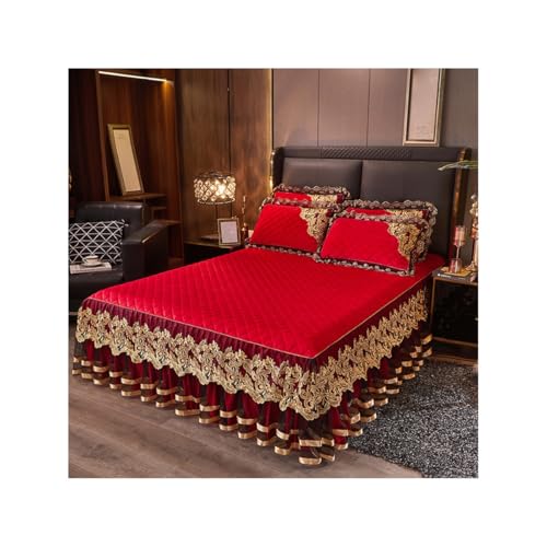 Elegantes, luxuriöses Bettvolumen mit Kristallsamt-Spitze, Rüschen, 3-teilig, 45 cm langes Spannbetttuch und Tagesdecke, stilvolle Bettwäsche für volle Abdeckung und Heimdekoration