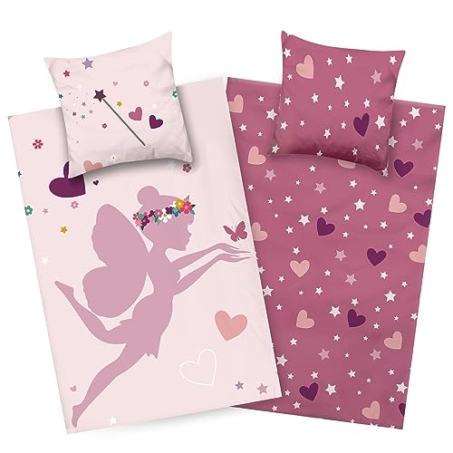 Aminata kids Bettwäsche 135x200 Kinder Mädchen Baumwolle Fee Wende-Kinder-Bettwäsche- Set Prinzessin Herz-en YKK Reißverschluss rosa - Feen Elfe Fairy Einhorn