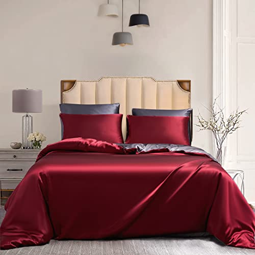 Damier Satin Bettwäsche 220x240cm Rot Grau Glanzsatin Wendebettwäsche Set Seidig Glänzend Luxus Bettbezug mit Reißverschluss und 2 Kissenbezüge 80 × 80 cm