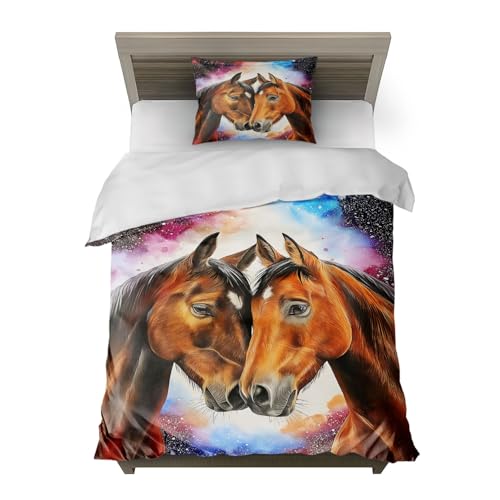 HommomH Pferd Motiv Bettwäsche Maße 135x200 cm Microfaser 2 teiliges Set enthält 1 Bettbezug und 1 Kissenbezug 80x80 cm für stylische Einzelbetten