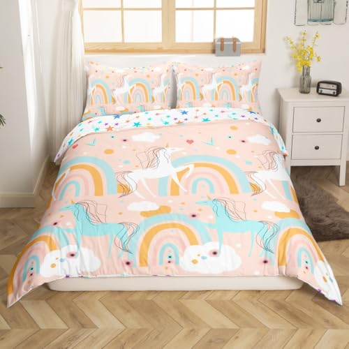 Loussiesd Mädchen Einhorn Bettwäsche Set 200x200cm Kinder Regenbogen Pferd Bettwäsche-Set für Frauen Jugendliche Cloud Bettbezug Set Blumen Bettbezug Raum Dekor Tiere Betten Set Rosa