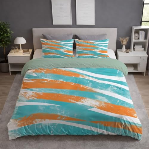 Abstrakt Textur Gestreift Vintage 2-teilig Wende bettwäsche Premium Qualitãt Türkis Orange Aus Mikrofase - Deckenbezug(135 x 200) Mit Reißverschluss - Kuschelig Weich & Bügelfrei