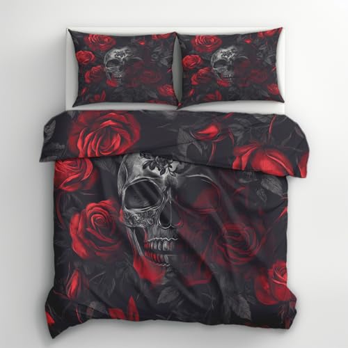 Generisch Gothic Schwarz Rot Bettwäsche 220x240 3tlg, 2 Kissenbezüge 80x80   Blumen Totenkopf Design Wendebettwäsche, Weiche Mikrofaser Bettbezug Reißverschluss, Deko & Geschenke   E42