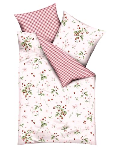 Kaeppel Linon Renforcé Wende Bettwäsche 135x200cm 2 TLG. Walderdbeeren Rot Kariert Beere Rosa Grün RV