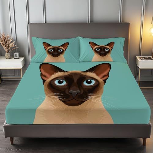 Spannbetttuch mit 30 cm Steghöhe 90 x 200 cm, Minimalistisch Elegant Tier Siamkatze Spannbettlaken für Kinder Jungen Mädchen Jugendliche - Ultra weich Microfaser Türkis Bettlaken Bettwäsche