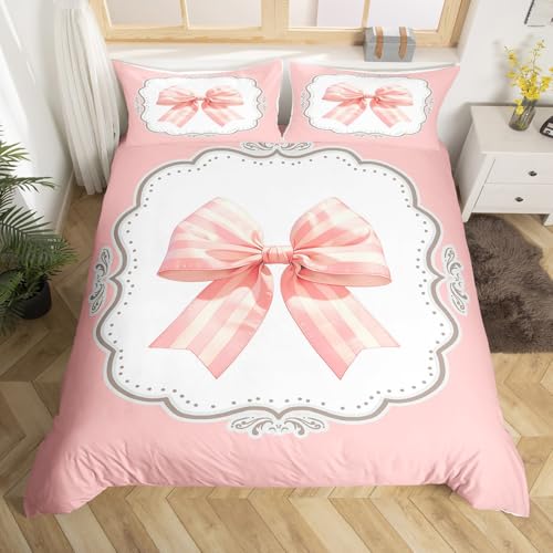 Niedliche Schleife Rosa Mädchen Bettwäsche Sets King Ribbon Bowknot Gitter Schleife Bettbezug, Preppy Girly Princess Bett Set Kokette Schmetterling Knoten Bettdecke, Keine Bettdecke