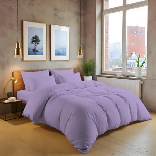 MistyMorning Einfarbiges Bettbezug-Set, weich und hochwertig, Bettwäsche und Leinen, ägyptische Baumwolle mit Fadenzahl 200. (Flieder, King-Size)