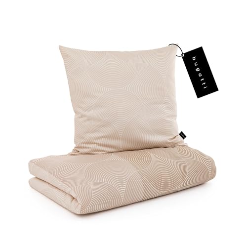 bugatti Bettwäsche 135x200 cm - 100% Baumwolle, Reißverschluss, anschmiegsam, weich & waschbar, Mako Satinbettwäsche Kreise grafisch beige