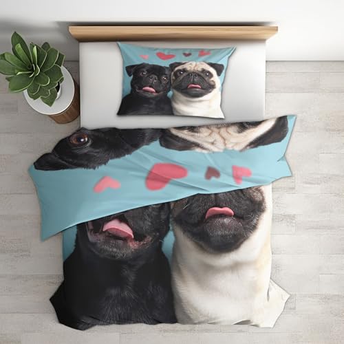 Generisch Bettwäsche 140x200 Mops Hund - Schlafzimmer Deko Bettbezug 140 x 200 2tlg 3D Lustige Haustiere Hunde Muster, 1 Kissenbezug 70x90, mit Reißverschluss, Weich Mikrofaser TW3-88