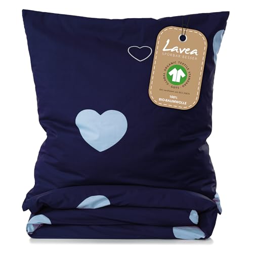 Lavea® Emilio Bettwäsche Kinder Set, Kinderbettwäsche aus 100% Bio-Baumwolle, mit Herzmotiv, weiche Bezüge für Bettdecke und Kopfkissen, mit Reißverschluss, Blau Hellblau 135 x 200 cm und 80 x 80 cm
