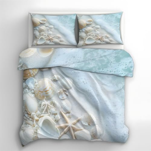 PNHCL Bettwäsche 200x200 3teilig Muschel Bettbezug und 2 Kissenbezug 80x80 cm, Maritim Motiv Bettwäsche-Sets mit Reißverschluss - Mikrofaser Wendebettwäsche für Kinder Teenager & Deko