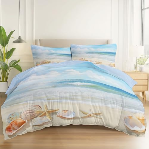 Bettbezug Bettwäsche Set Aquarell Strand Muscheln Drucken - Erwachsene Kinder Bettwäsche-Set, Mikrofaser Weiche Bettbezug mit Reißverschluss und Kissenbezüge, 135 x 200 cm, Hellblau