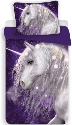 Jerry Fabrics 2-teiliges Bettwäsche-Set für Kinder, Einhorn, violett, 100 % Baumwolle, Bettbezug 140 cm x 200 cm + 1 Kissenbezug 50 x 70 cm