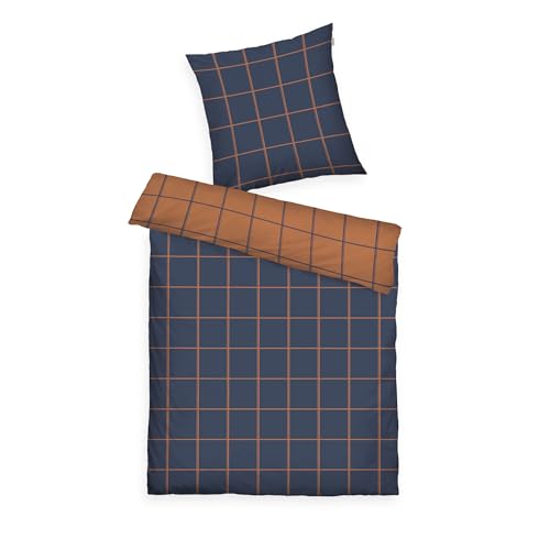 TOM TAILOR Flanell-Bettwäsche, 80x80 cm + 135x200 cm, 100% Baumwolle/ Flanell, Mit Wendemotiv und farbigem Markenreißverschluss, LARGE CHECK Blau, Braun (Dark Navy & Rusty Red)