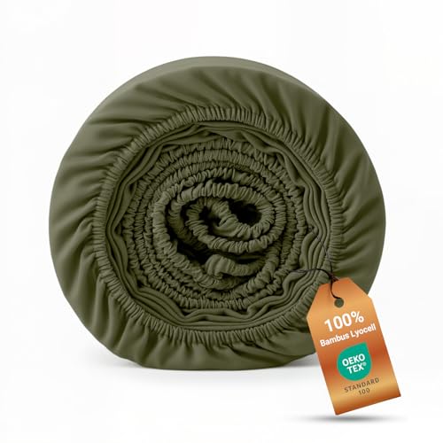 LISAURA Bambus Lyocell Spannbettlaken 180 x 200 cm Olivgrün - Steghöhe bis 35 cm - Weiche Allergiker Bettwäsche - Kühlendes Bettlaken aus Bambus - Nachhaltige und atmungsaktive Luxus-Bettwäsche