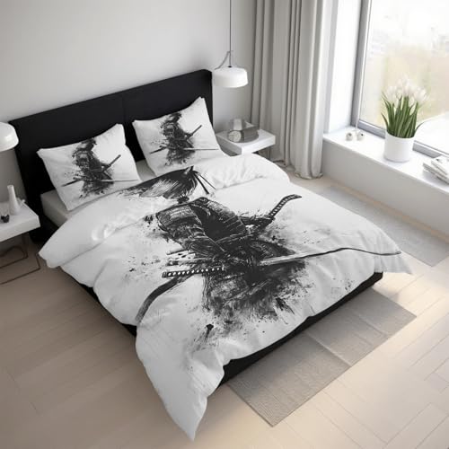 Generisch Japanische Samurai Bettwäsche 135x200cm, Orientalisch Asiatisch Anime Bettwäsche-Sets 2 Teilig, Bettbezug + 1 Kissenbezüge 80x80cm Weich Mikrofaser mit Reißverschluss 21D&-53