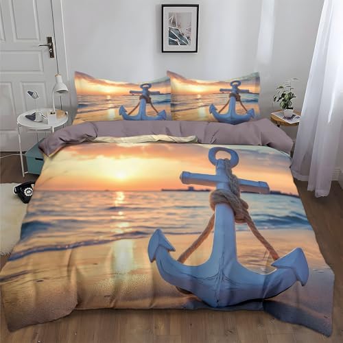 Bettwäsche Set 155 x 220 cm Grau Braun Wendebettwäsche Drucken Bettbezug 3 teilig mit 2 Kissenbezug 80x80 cm, Anker Am Strand Bei Sonnenuntergang Bettwäsche mit Reißverschluss für Kinder Erwachsener