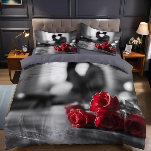 Rote Rose Bettwäsche 200x220 Romantisches Motiv Bettwäsche-Sets für Mädchen Jungen Kinder Weiche Mikrofaser 3D Drucken Bettbezug mit Reißveschluss und 2 Kissenbezüge 2337.B