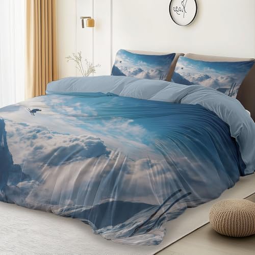 Bettwäsche Draußen Skifahrer Schneeberge Digitaldruck 3 Teilig Bettwäsche Bettbezug Set Mikrofaser Bettbezüge Hellblau Für Erwachsene Kinder Teenager, Mit 2 Kissenbezug 80X80 cm 135 cm X 200 cm